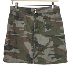 Topshop Army Green Camo Front Zip Mini Skirt 100% Cotton Pockets Size 8